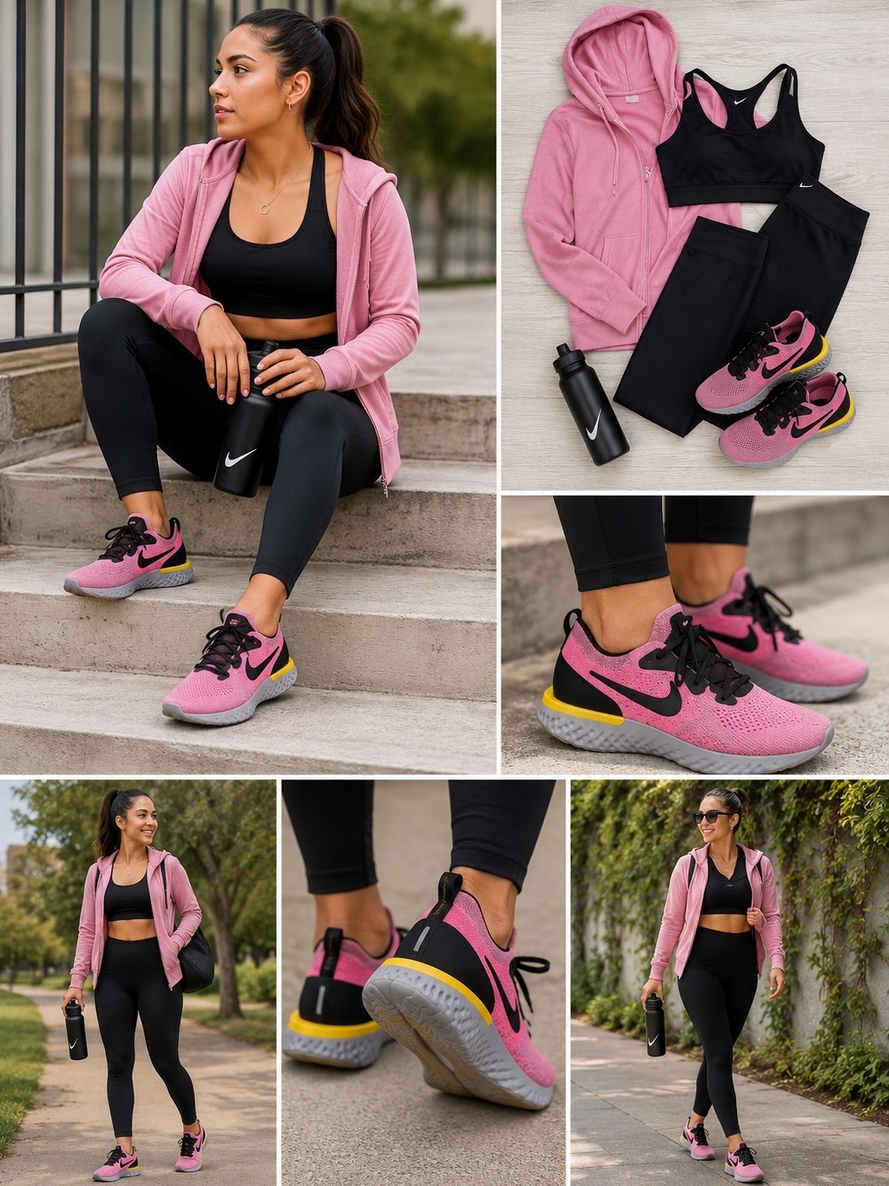 Nike women’s Epic React Flyknit 9.5 Pink Black Running Sneakers with Yellow Heel
